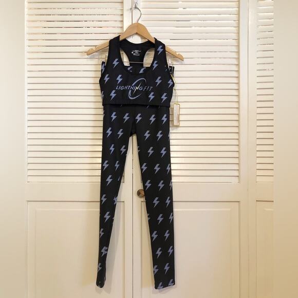 NWT Goldsheep Lightning Fit Blue Lightning Bolt Sports Bra and Leggings Set - Picture 1 of 7